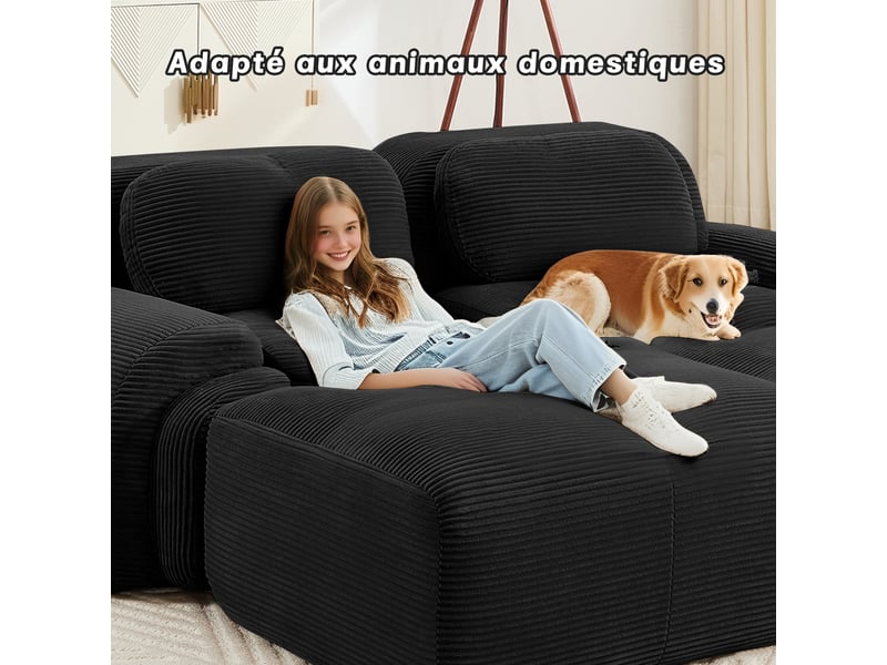 Canapé 3 places modulable en tissu velours côtelé,canapé-lit avec 3 repose-pieds amovibles,32d élastique,base anti-dérapant,noir 298x178x75cm - Conforama D