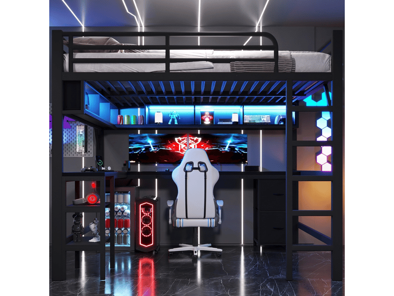  Lit mezzanine métal 140x200 avec bureau et étagère, led, usb, lit surélevé gain de place, noir  - Conforama D