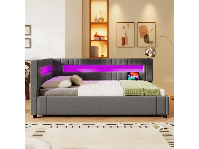  Lit de jour 90x200 en lin gris avec coffre hydraulique et éclairage led  - Conforama B