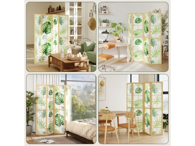 Paravent 4 Panneaux Pliable Style Bohème Motif Tropical Cadre en Bois Vert, Séparateur de Pièce Décoratif - Conforama C
