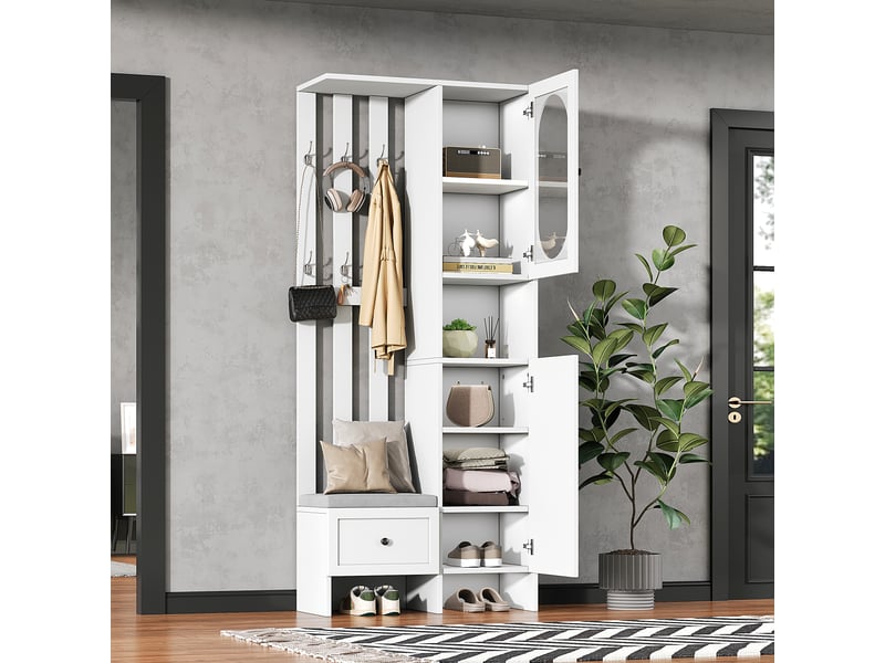 Vestiaire d'entrée, meuble de rangement avec banc de chaussage et portemanteau, en panneaux de particules et verre trempé 85x33.5x200cm, blanc  - Conforama W