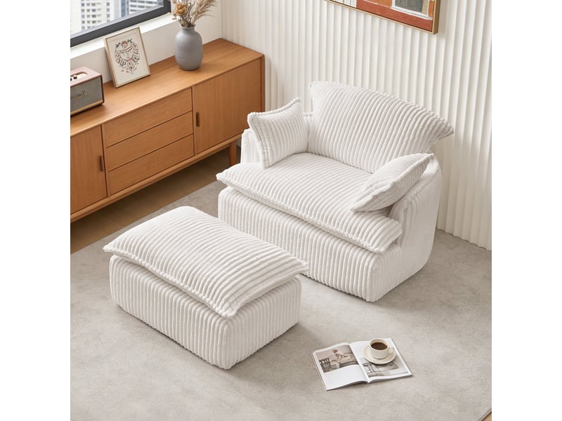  Fauteuil compresse avec repose-pieds et coussins, canapé confortable en tissu flanelle beige pour salon moderne  - Conforama B