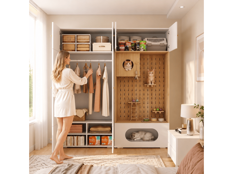  Armoire penderie avec espace chat 2 en 1 180x50x200 cm - blanc et bois  - Conforama W