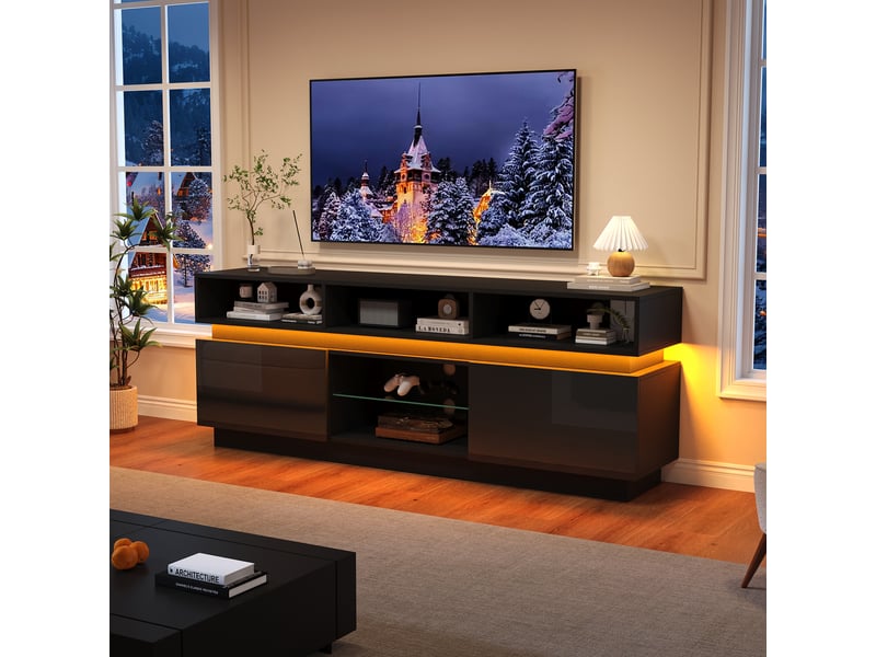  Meuble tv,160x35x60 cm,avec led et rangement,mdf,noir  - Conforama D