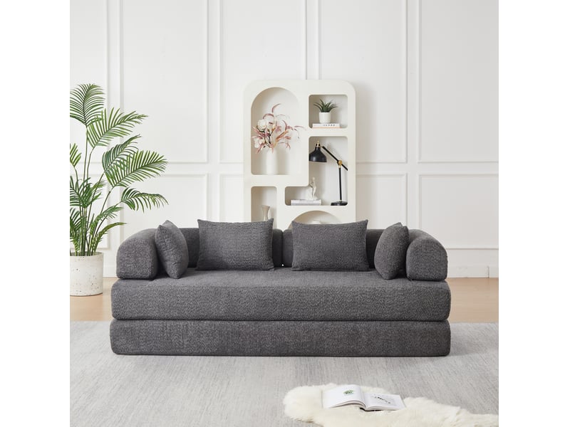 Canapé convertible modulaire 2 places à dossier réglable, 4 configurations avec 4 coussins en chenille gris - Conforama B