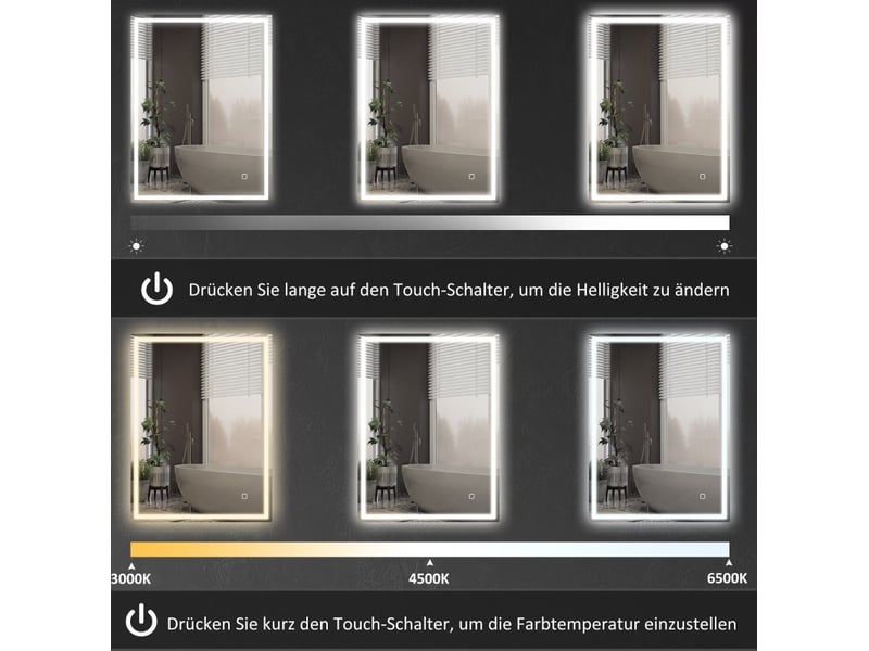  Miroir de salle de bain led 90x70 cm – argenté – antibuée tactile, 3 couleurs, mémoire, luminosité réglable et ip44  - Conforama D
