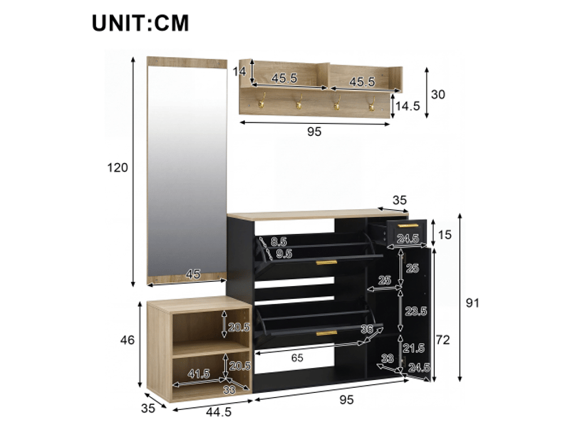  Ensemble vestibule 4 pièces – meuble d'entrée, casier à chaussures, banc, porte-manteaux et miroir – l139,5 × p35 × h166 cm  - Conforama C