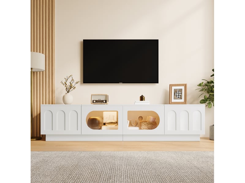  Meuble tv blanc avec éclairage led contrôlé par application, 4 portes, vitres ovales, passe-câbles  - Conforama B