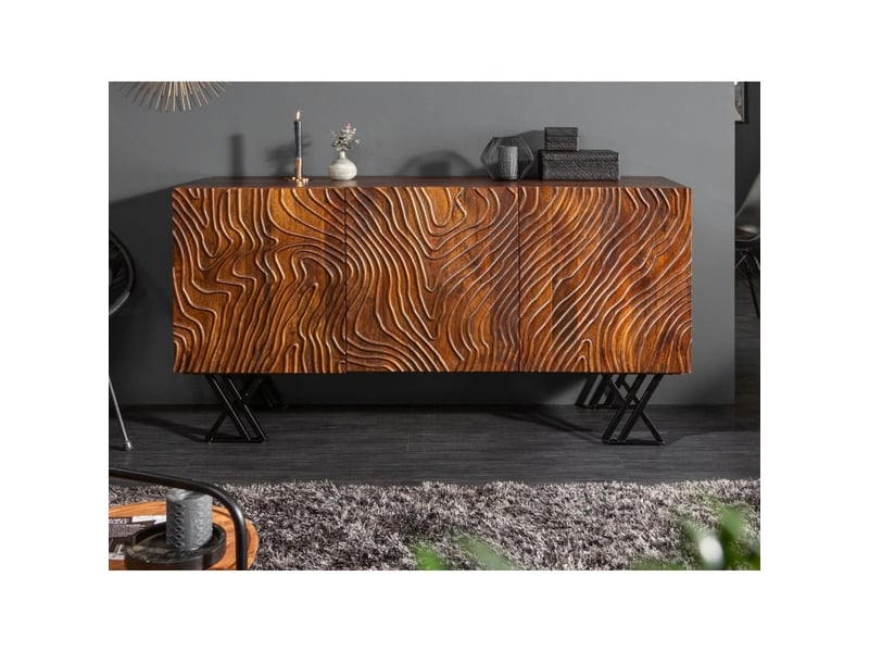 Buffet gaïa 160 cm en bois de manguier massif – 3 portes sculptées et pieds métal noir - Conforama D