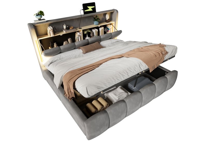 Lit coffre hydraulique 180x200 cm rembourré avec tête de lit rangement-led et usb-c-sommier à lattes en velours - Conforama A