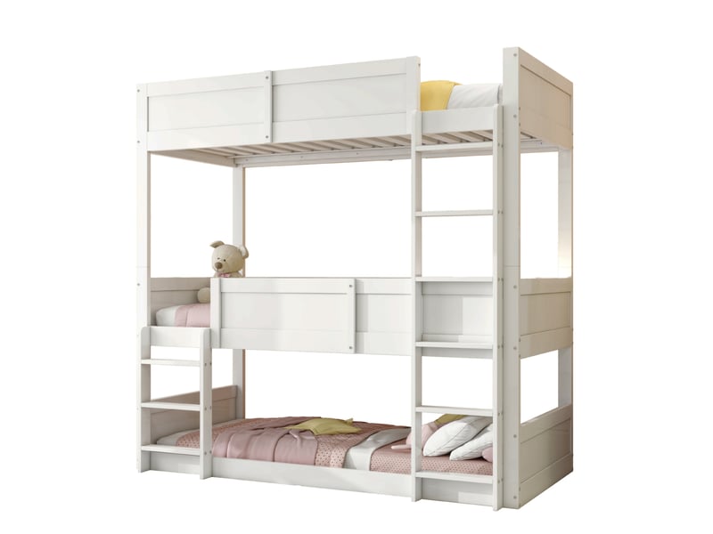Lit enfant modulaire à 3 couchages superposés 90 x 200 cm, bois blanc, barrières hautes - Conforama A