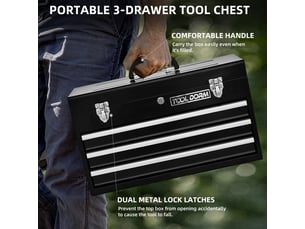 Boîte à outils en métal avec 3 tiroirs, coffre portable avec plateau supérieur, fermeture à clé, noir