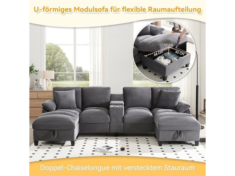  Canapé modulable en u avec rangements en velours côtelé gris 293x142x93 cm N653P9012D - Conforama E
