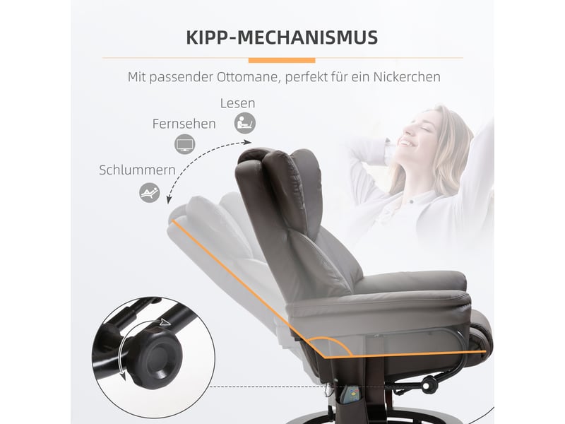  Fauteuil de massage inclinable avec repose-pieds, similicuir marron, 145°, pivotant à 360°, pour salon et coin détente  - Conforama D