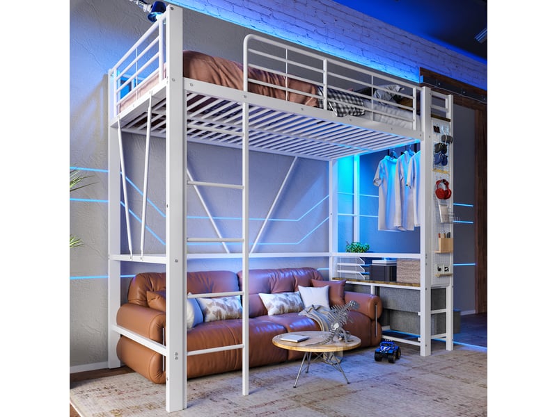  Lit mezzanine 90x200cm coloris blanc led métal lit enfant blanc - Conforama E