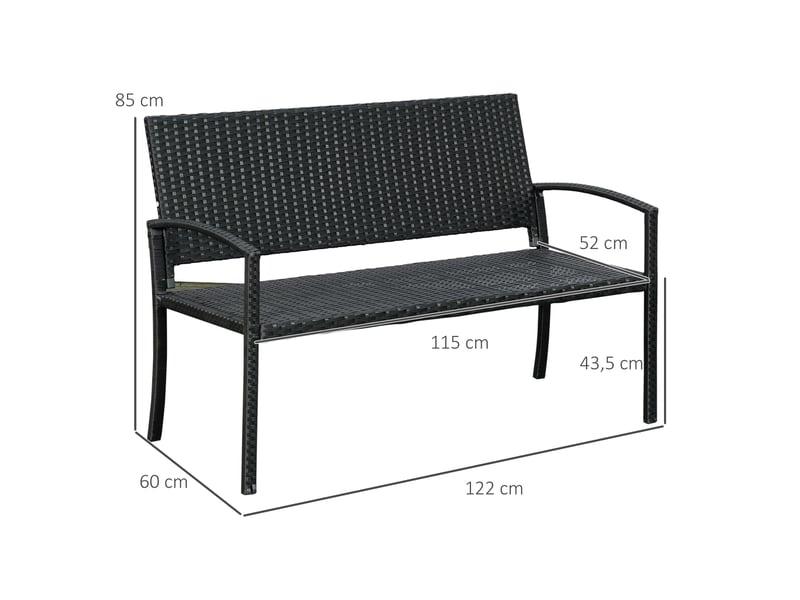  Banc de jardin aspect rotin, structure en acier, pour 2 personnes, noir, 122 x 60 x 85 cm  - Conforama E