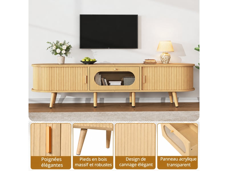  Meuble tv en mdf, 2 portes coulissantes, tiroir acrylique, 8 pieds, bois naturel, pour tv 70 pouces, 170 x 40 x 43 cm  - Conforama E