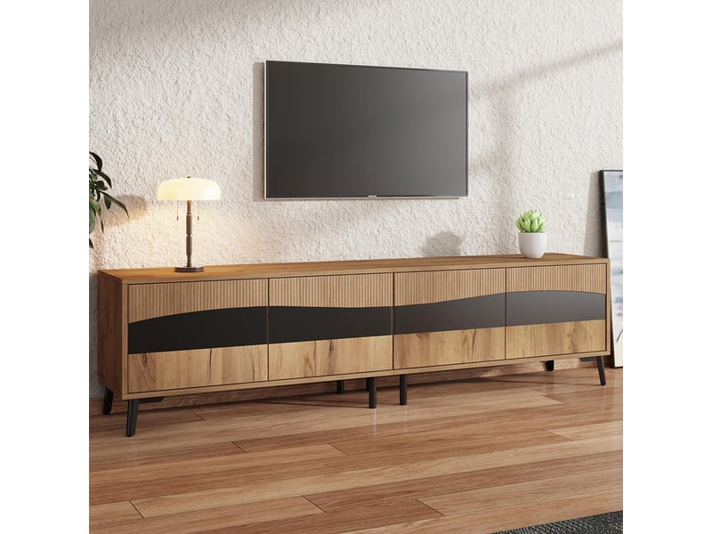 Meuble tv bois noir 4 armoires 8 pieds charge 30 kg design symétrique bas  - Conforama C