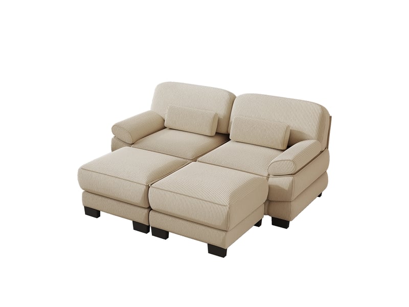 Canapé modulaire 2 places 194x161x94 cm, tendre, assise profonde, dossier, avec 2 poufs, en velours côtelé, beige - Conforama A