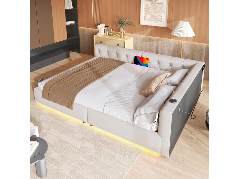  Lit convertible en lin beige 140x200 cm  - Conforama D