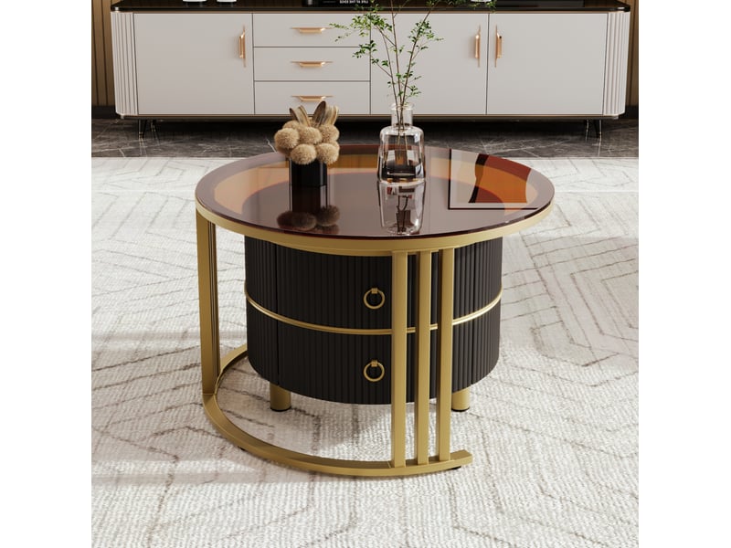  Table basse gigogne ronde 70x70x45 + 50x50x40 cm, 2 tiroirs et 1 plateau en verre trempé marron, noir  - Conforama D