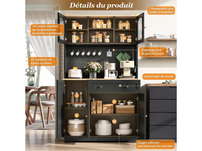 Meuble de cuisine noir muvano avec panneau perforé, vaisselier à portes transparentes, 103,5 x 40 x 180 cm - Conforama R