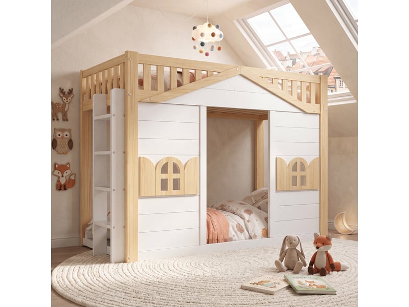  Lit mezzanine enfant 90 × 200 cm en pin, échelle réversible, blanc et naturel Fay Lum - Conforama B