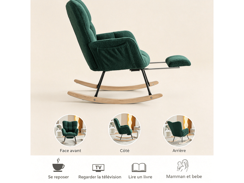  Fauteuil à bascule - 1 place - teddy - repose-pieds inclus &amp; accoudoirs &amp; cadre métal &amp; cadre bois - 80 x 98 x 98.5 cm - vert  - Conforama D