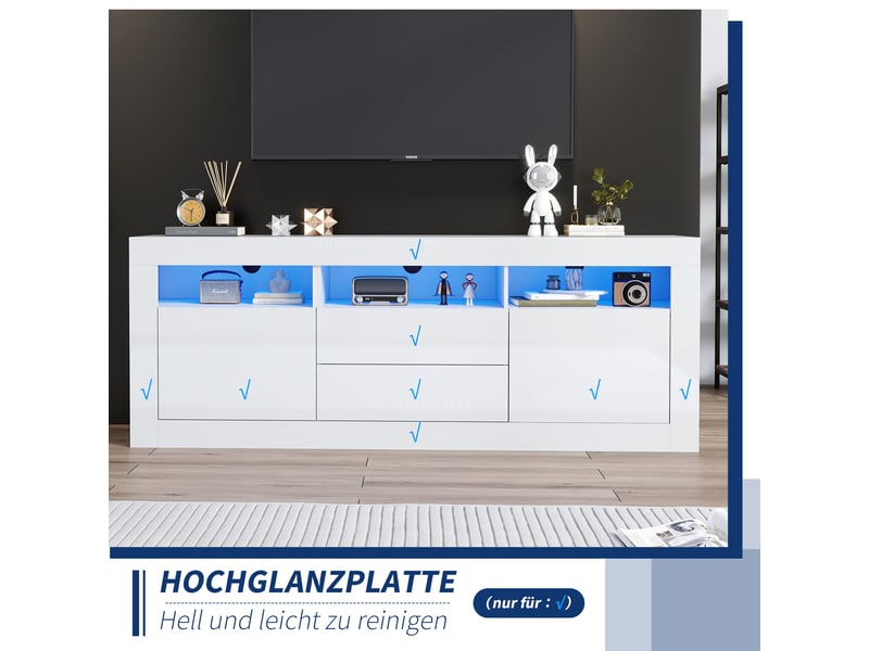  Meuble tv avec 2 portes, 2 tiroirs, 3 niches led pour salon 160×35×60 cm en panneaux de particules blanc  - Conforama D