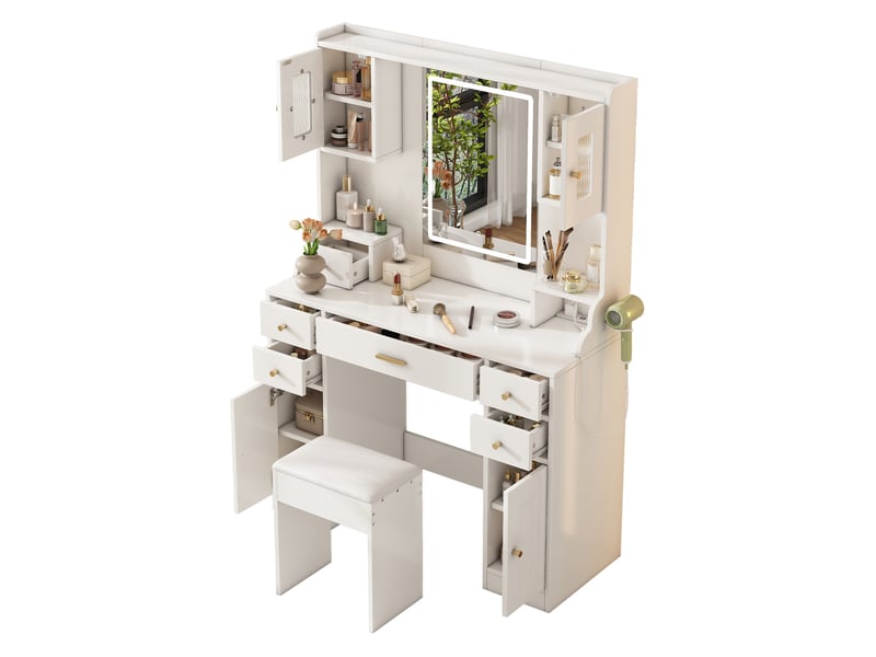  Grande coiffeuse avec miroir led 105x40x152cm prises usb | design moderne blanc 6 tiroirs et 4 portes | charge 50kg - blanc  - Conforama A
