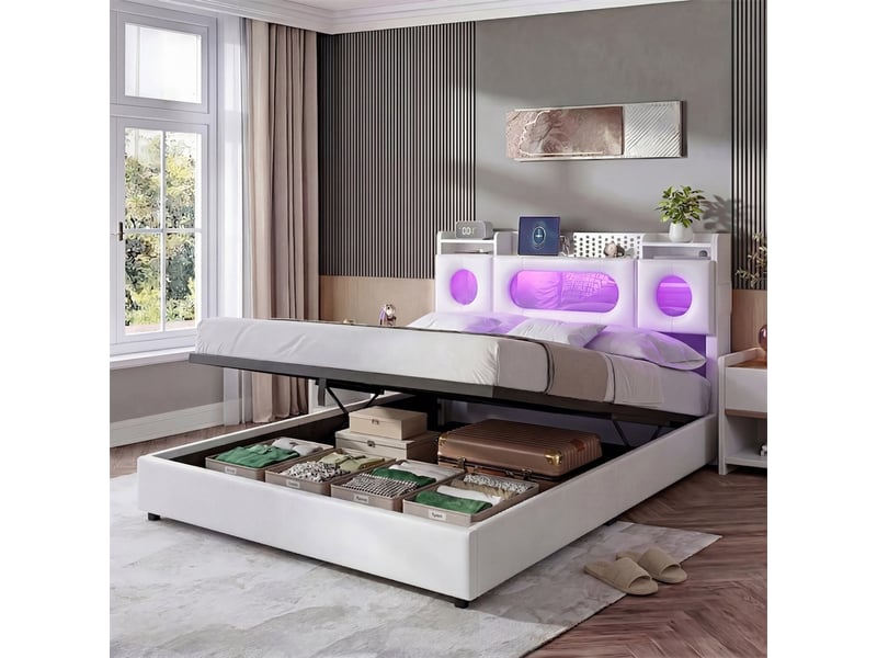 Lit 160x200cm - lit coffre 160x200cm - sommier relevable, tête de lit à rangement, led rgb, ports usbtype-c et prise eu - blanc  - Conforama B