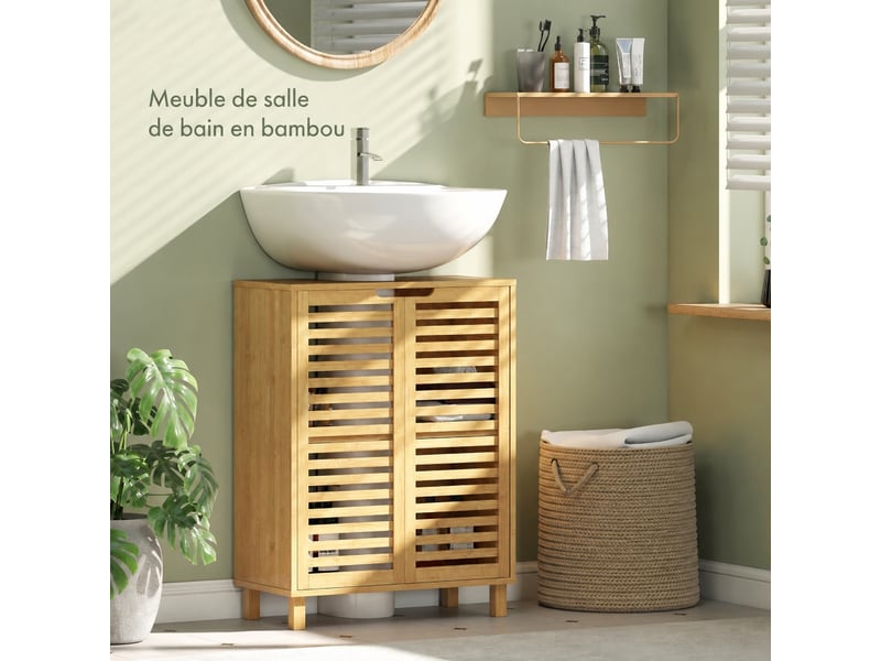  Meuble sous lavabo en bambou à portes persiennes, étagère réglable, 60 x 30 x 80 cm, naturel  - Conforama B