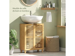 Meuble sous lavabo en bambou à portes persiennes, étagère réglable, 60 x 30 x 80 cm, naturel