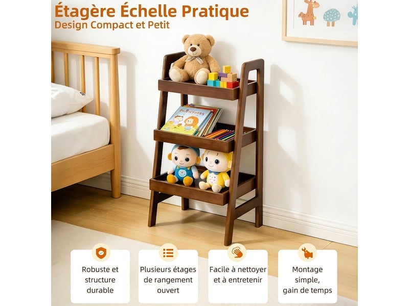  Étagère échelle bois massif 3 niveaux - bout de canapé noyer autoportant pour salon et chambre  - Conforama D