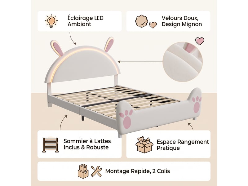 Lit simple 140x200 cm, lit enfant capitonné en velours avec tête de lit en forme de lapin et led, sommier, blanc  - Conforama C