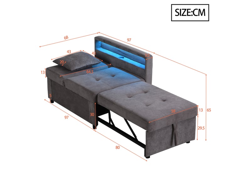  Fauteuil gigogne 177x68x65 cm, design 3-en-1 transformable, dossier ajustable, led, charge, accoudoirs, lin, gris foncé  - Conforama C