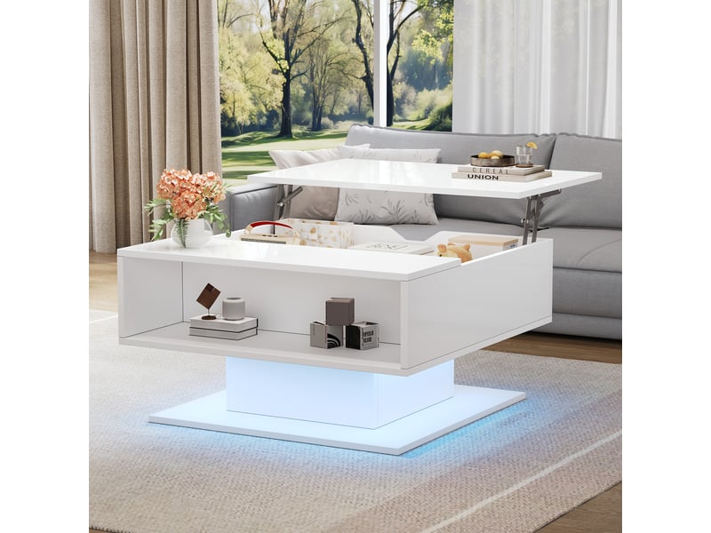  Table basse relevable 80x75x40cm, table de salon blanche avec rangement caché et led, finition brillante  - Conforama C