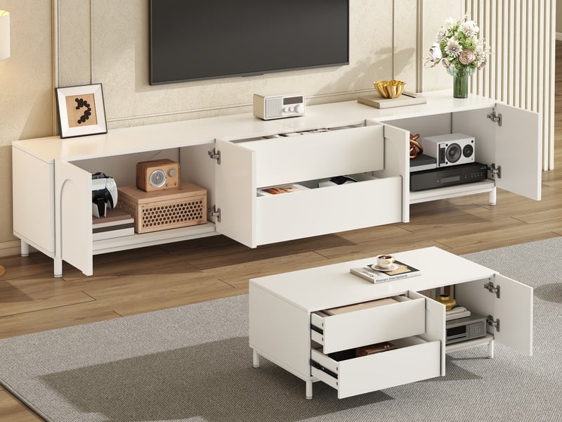  Ensemble meuble tv et table basse de séjour, façades à motif arqué, pieds en acier tubulaire, blanc  - Conforama B