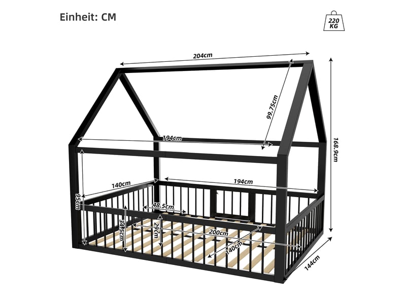  Lit cabane enfant 140 × 200 cm 2 places avec barrières et portillon, sans matelas, en métal, noir  - Conforama D