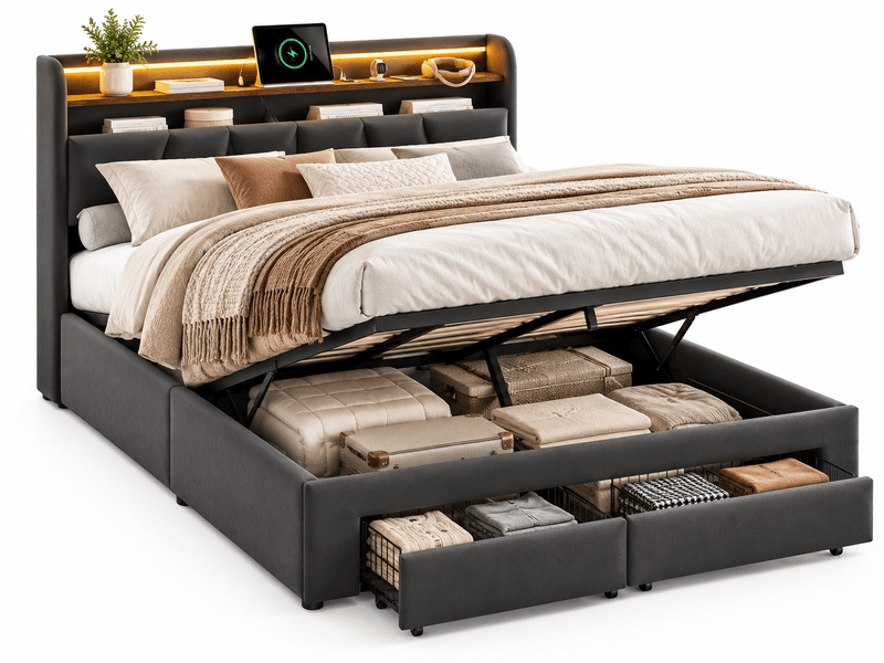  Lit coffre 160x200cm - avec led et usb tpye c -  2 tiroirs - tête de lit est pliable -lit capitonné  140x190 cm avec sommier à lattes,  lit rembourré avec hydraulique, rangement de chevet,  lit 2 personnes - lin gris - sans mate…  - Conforama A