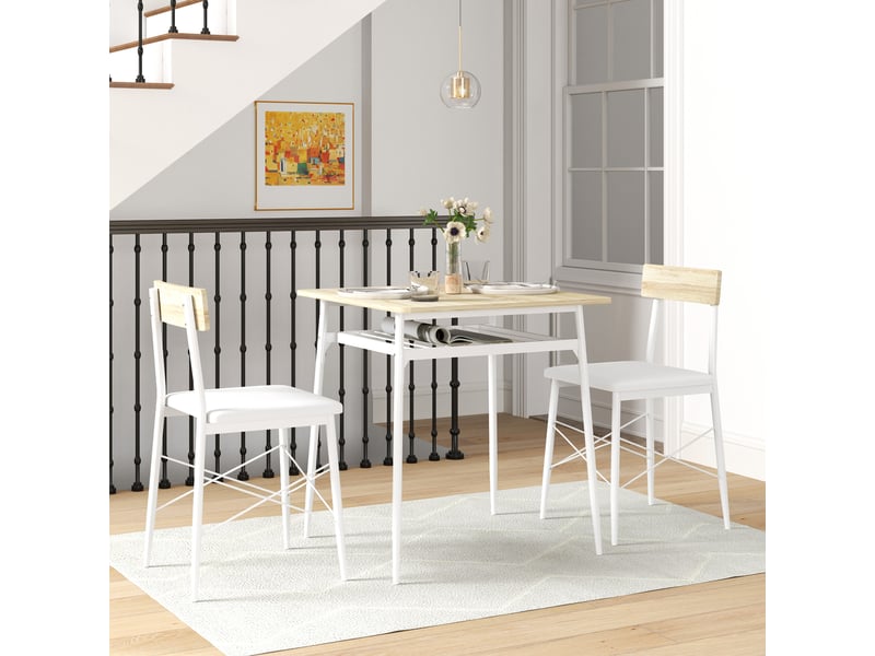  Ensemble table et chaises 3 pièces avec étagère ouverte, structure en acier blanc et chêne  - Conforama C