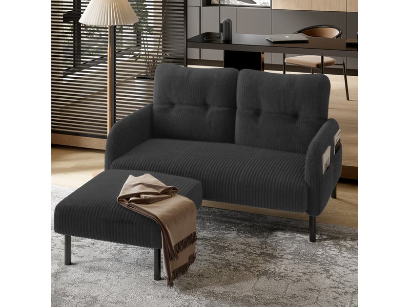 Canapé droit fixe 2 places en velours côtelé gris, avec poche latérale et pieds métal, idéal pour le salon - Conforama E
