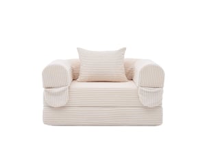 Fauteuil convertible lit 1 place beige tissu côtelé avec rangement intégré salon chambre