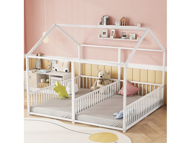 Lit enfant double 2 x 90 x 200 cm en métal blanc, forme maison avec barrières - Conforama B