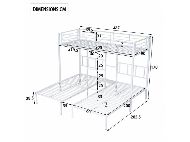  Lit superposé 3 places en métal avec échelle, barrière et tablette, 90x200 cm pour chaque couchage, sans matelas, blanc  - Conforama D