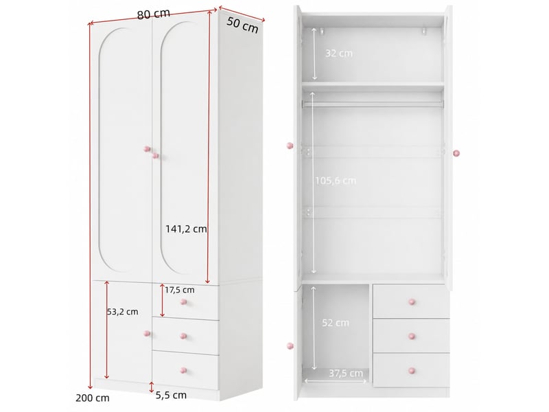 Armoire enfant tcqpz 80 x 50 x 200 cm avec penderie 3 tiroirs rangement mdf blanc  - Conforama C