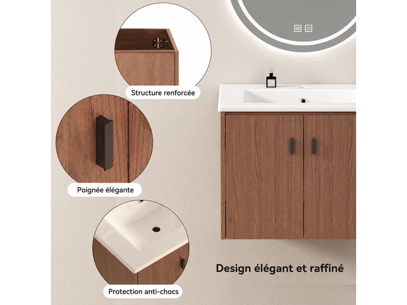  Meuble de salle de bains 60 cm brun rougeâtre avec 2 portes à fermeture amortie  - Conforama D