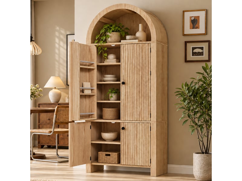  Buffet haut de cuisine 78x40x180 cm avec portes à lattes, tiroirs, étagères réglables et niche ouverte - bois naturel  - Conforama E