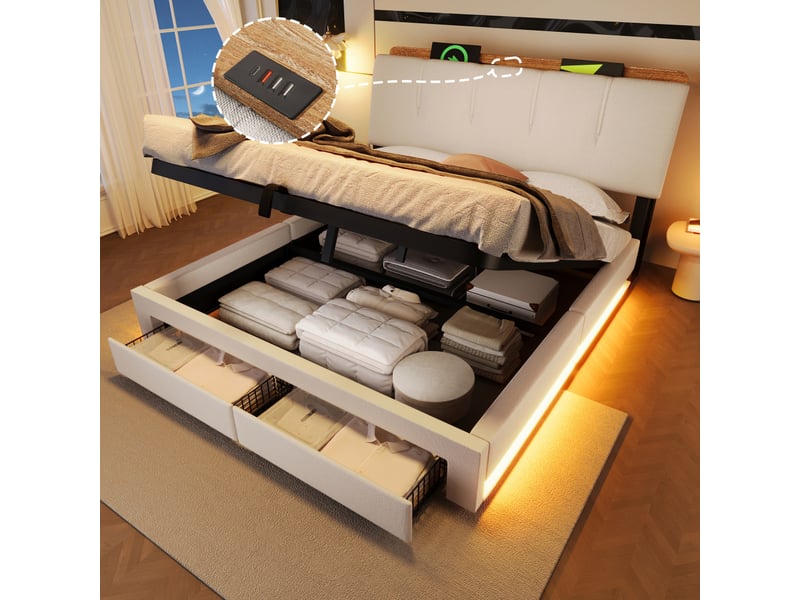  Lit capitonné, 140 x 200 cm, suspension hydraulique, avec port usb type-c, sans matelas, rangement multifonctionnel, éclairage led, commande par bouton-poussoirapplication, lin, beige  - Conforama B