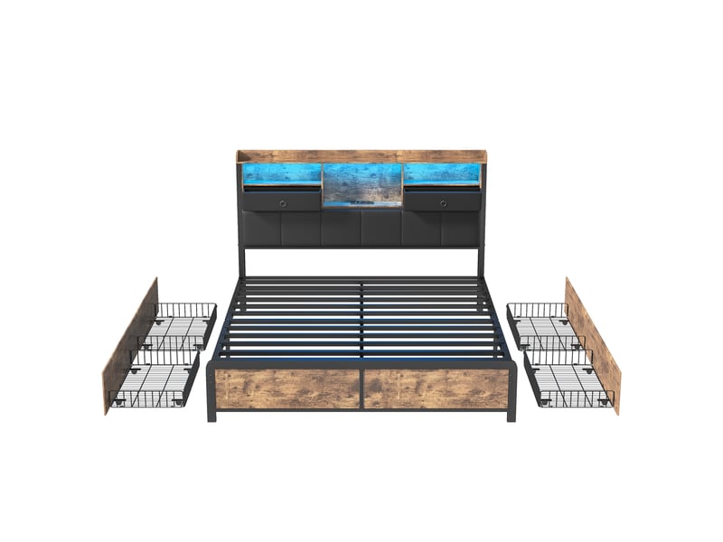  Lit 160 x 200,lit double 160 x 200 avec tiroirs,lit adulte,avec rangement de chevet,port usb et led réglable,pu,noir  - Conforama W
